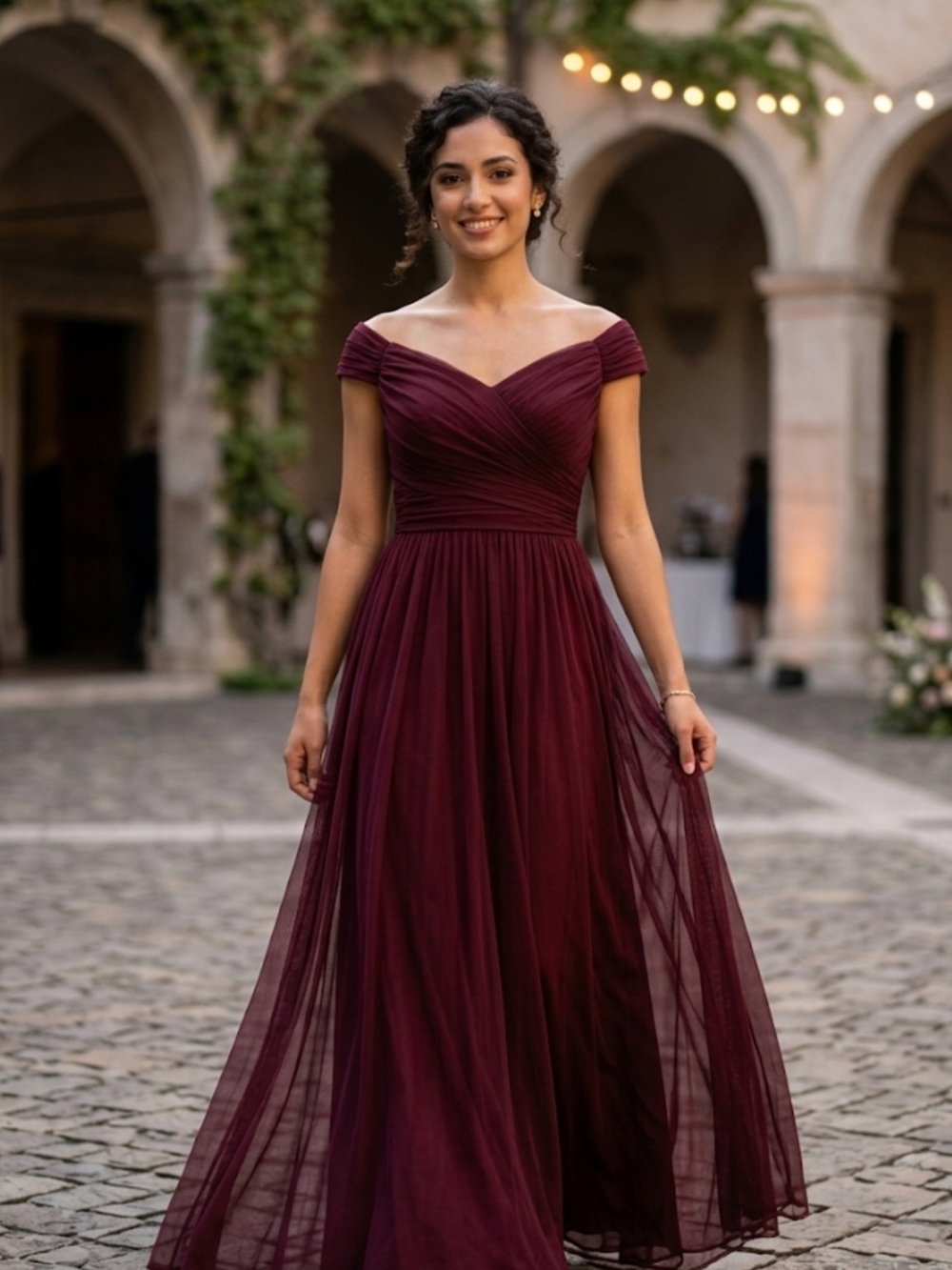 Off-Shoulder Maxi Dress in Wine